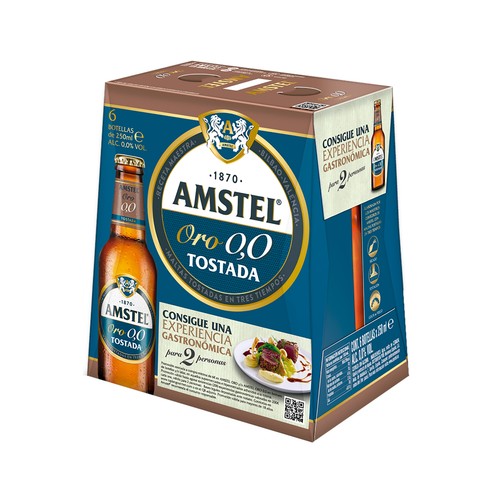 Cerveza 0,0% tostadas AMSTEL Oro pack de botellines 6x25 cl.