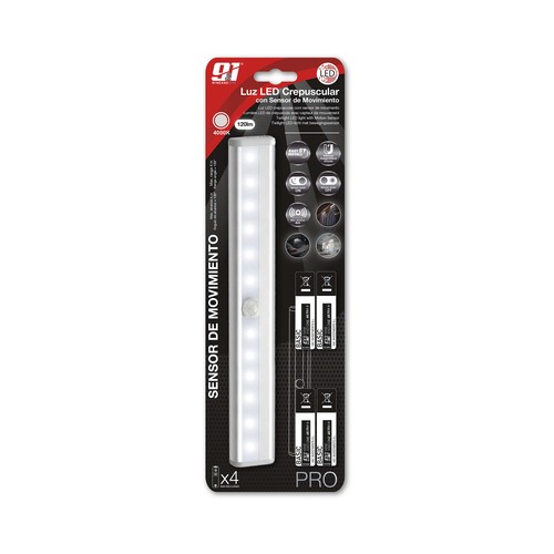 Regleta Led crepuscular, sensor movimiento, 4xAA, NINE&ONE.