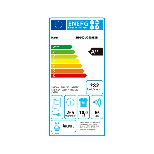 Secadora por condensación HAIER HD100-A2939E-IB capacidad de secado: 10KG, H: 85cm, A: 59,6cm, F: 62,5cm.