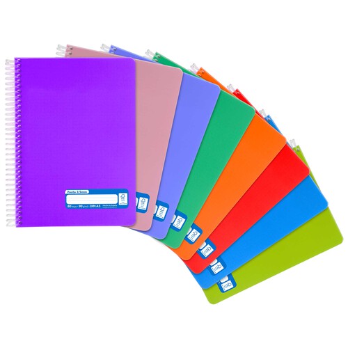Cuaderno A5 con cubiertas de PP en colores surtidos y espiral plástica, interior de 80 hojas de 90 gr con pauta de 3,5mm, GRAFOPLAS.