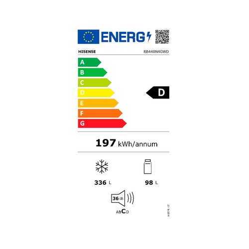 Frigorífico combi 201cm HISENSE RB440N4GWD NO FROST, clasificación energética: D, H: 201cm, A: 60cm, F: 59cm, capacidad total: 434L. Acabado Cristal