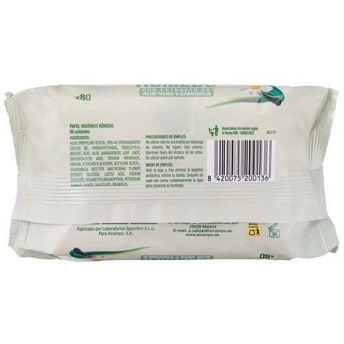 PRODUCTO ALCAMPO Papel higiénico húmedo con extracto de aloe vera y camomila 80 uds.
