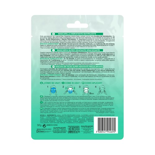 GARNIER Skin Active Mascarilla de tela Hydra Bomb, hidratante matificante.