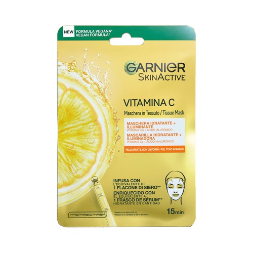 GARNIER Skin active Mascarilla facial hidratante e iluminadora con vitamina C.