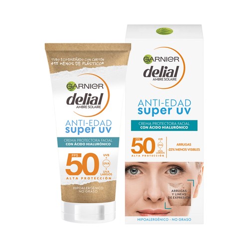 DELIAL Protector solar facial anti-edad con ácido Hialurónico y FPS 50 (muy ato) 50 ml.