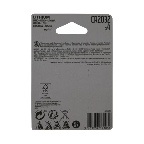 Pack de 4 pilas de botón de litio CR2032, 3V, PRODUCTO ALCAMPO.