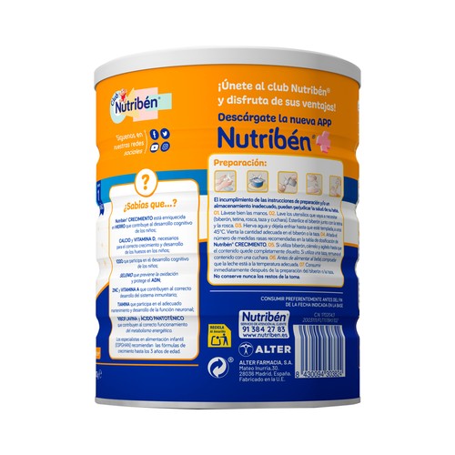 NUTRIBÉN Pro + Preparado lácteo (3) de crecimiento a partir de 12 meses 800 g.