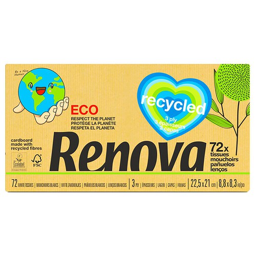 RENOVA Pañuelos de celulosa reciclados de triple capa RENOVA Recycled 72 uds.