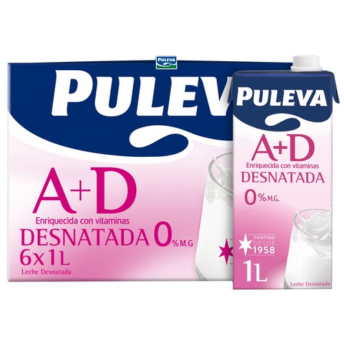 PULEVA Leche desnatada (0% materia grasa) de vaca, enriquecida con vitaminas A y D y de origen 100% español 6 x 1l.