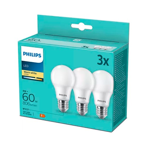 Pack 3 bombillas led 60w a60 e27 cálida . PHILIPS