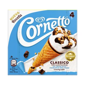 CORNETTO Classico de Frigo Cono de helado de nata y chocolate con trocitos de avellana 4 x 90 ml.