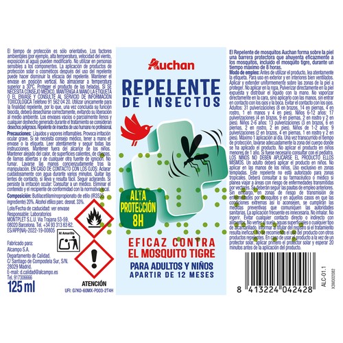 PRODUCTO ALCAMPO Spray repelente de insectos de alta protección (hasta 8 horas) 125 ml.
