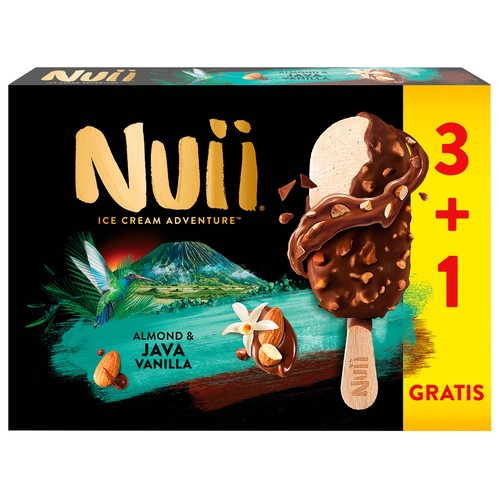NUII de Nestlé Bombón de helado de vainilla de Java, cubierto de chocolate con leche y trocitos de almendras 3 x 90 g.