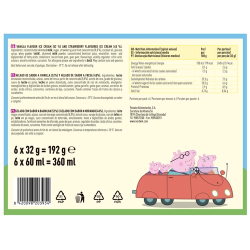 PEPPA PIG Polo de helado con sabor a vainilla y fresa y forma de 6 x 60 ml.
