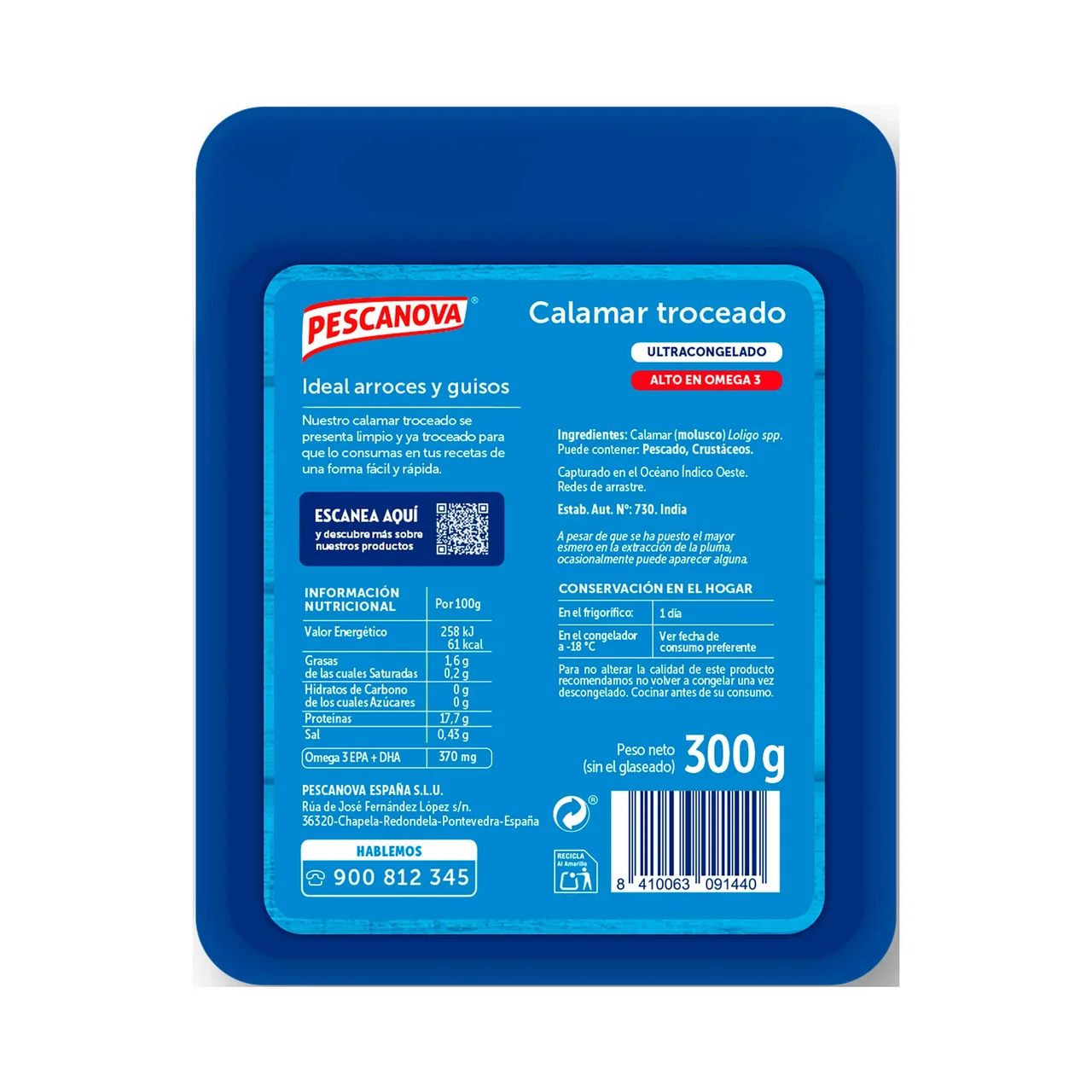 Calamar troceado ultracongelado 300 g.