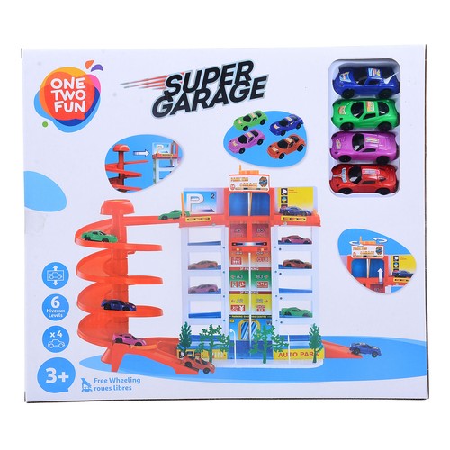 Super garaje infantil con 4 coches incluidos, ONE TWO FUN ALCAMPO.