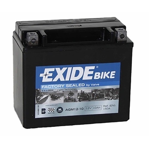 Batería para moto 10Ah, arranque 150A, 12V, L: 15cm, A: 8,7cm, H: 13cm, EXIDE Bike AGM Factory Sealed.