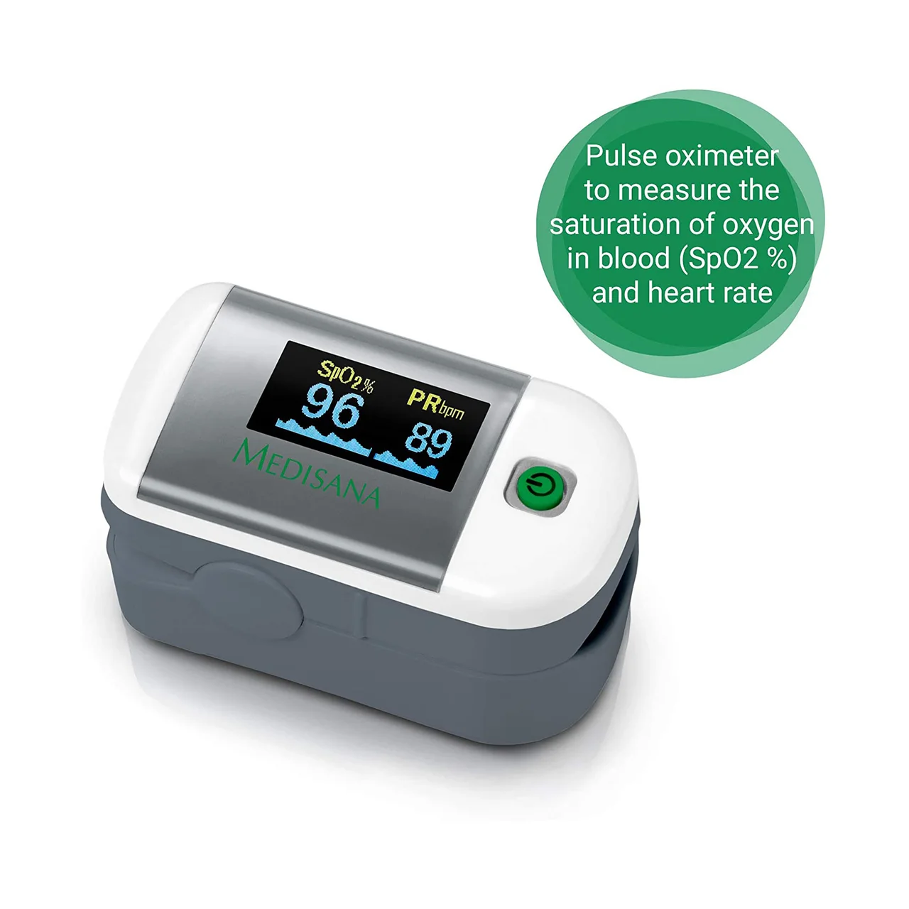 Medidor de oxígeno en sangre MEDISANA PM100, saturación de oxigeno y pulso, pantalla OLED, apagado automático.