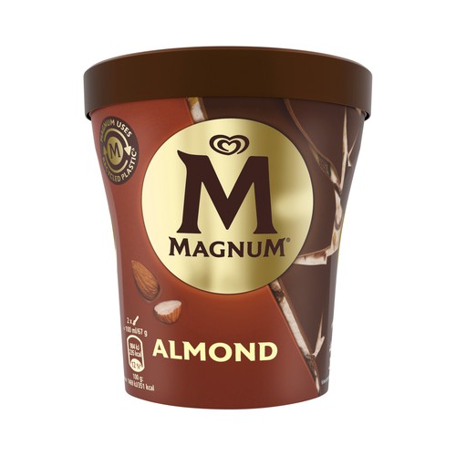 MAGNUM Tarrina de helado de vainilla, trocitos de almendras y láminas de chocolate con leche 440 ml.