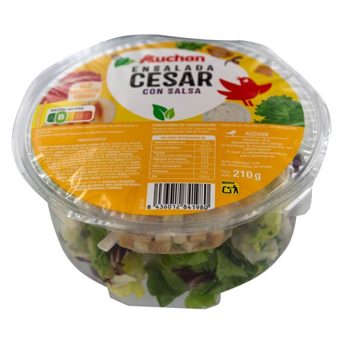 AUCHAN Ensalada César (salsa, pechuga de pollo, picatostes y queso) 210 g. Producto Alcampo