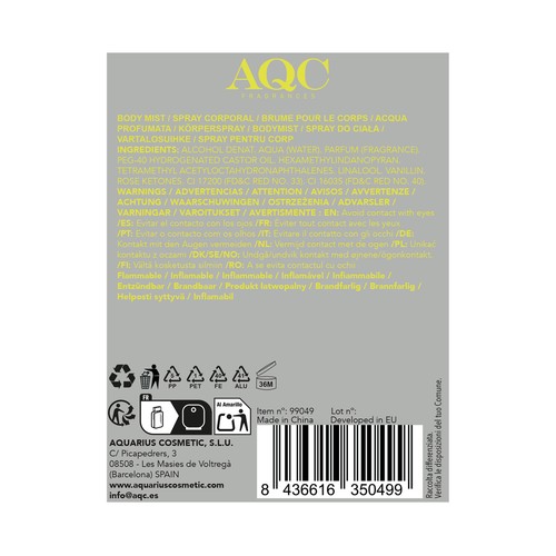 AQC FRAGANCES Midnight orchid Spray corporal con aroma a ambar negro y vainilla 250 ml.