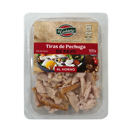 Tiras de pechuga de pavo al horno, sin gluten y sin colorantes LA CARLOTEÑA 100 g.