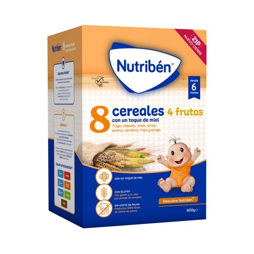 NUTRIBÉN Papilla en polvo de 8 cereales con 4 frutas y un toque de miel, a partir de 6 meses NUTRIBÉN 600 g.