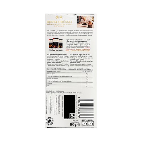 LINDT Chocolate negro 70 % cacao con sal del Himalaya 100 g.