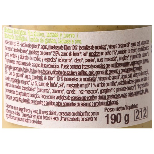 PRODUCTO ALCAMPO Bio Mostaza ecológicoa, sin gluten ni lactosa ni huevo 190 g.