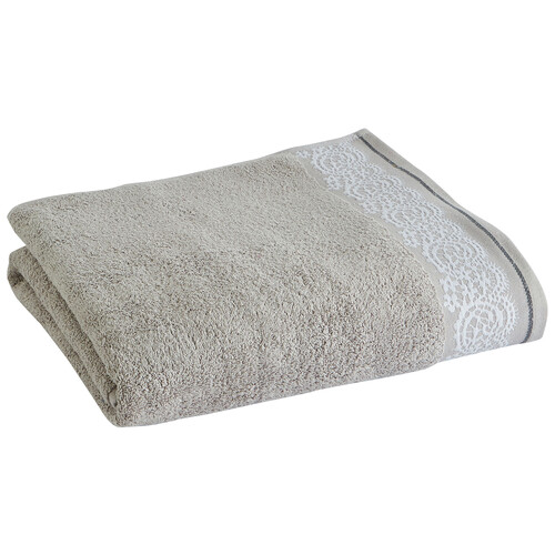 Toalla de baño 100% algodón color gris con cenefa jacquard imitación encaje, 500g/m² ACTUEL.
