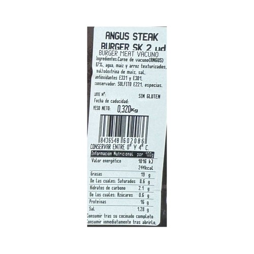 MIGUEL VERGARA Burger meat vacuno añojo raza Angus 2 x 160 g.