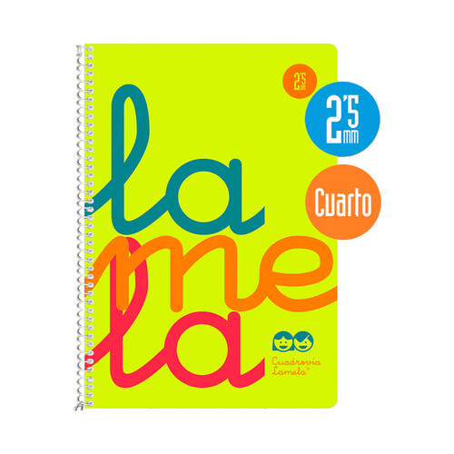 Cuaderno con tapas de polipropileno color amarillo, tamaño cuarto, cuadrovía 2.5mm, 80 hojas, EDITORIAL LAMELA.