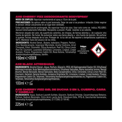 AXE Cherry fizz Neceser con aftershave (100 ml), desodorante en spray (150 ml) y gel para ducha o baño (225 ml).