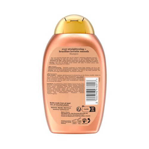 OGX Champú alisador con proteínas keratina, para cabellos gruesos o encrespados 385 ml.