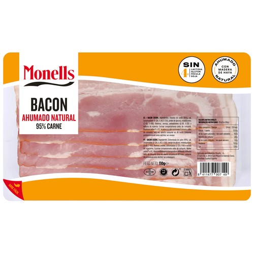 Bacon cocido y ahumado sin gluten y sin lacotosa, cortado en lonchas MONELLS 110 g.