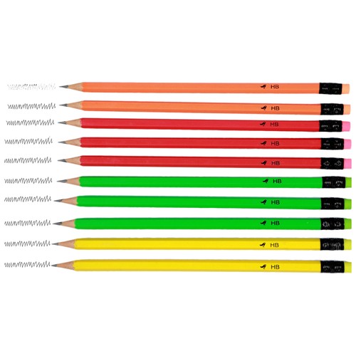Set 10 lápices de grafito HB con goma, colores neon, ALCAMPO