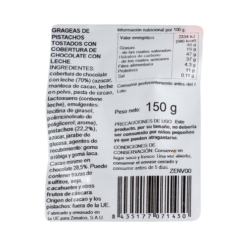 Pistachos con chocolate con leche ALCAMPO GOURMET 150 g.