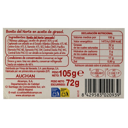 PRODUCTO ALCAMPO Bonito norte en aceite de girasol 72 g.