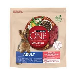 PURINA ONE Mini Comida para perros adultos de raza pequeña a base de buey y arroz 1,5 kg.