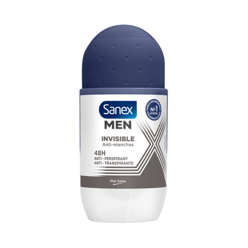 SANEX Men invisible Desodorante roll on para hombre con protección anti transpirante de 24 horas 50 ml.