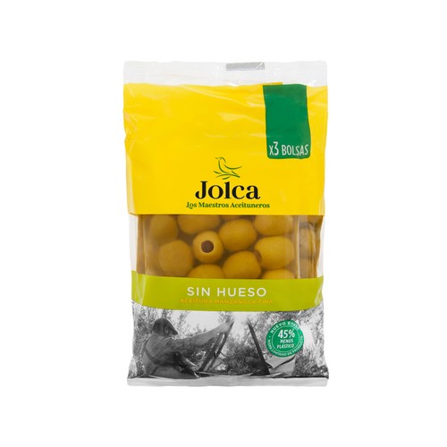 JOLCA Aceitunas verdes manzanilla fina sin hueso bolsa de 3 uds x 50 g.