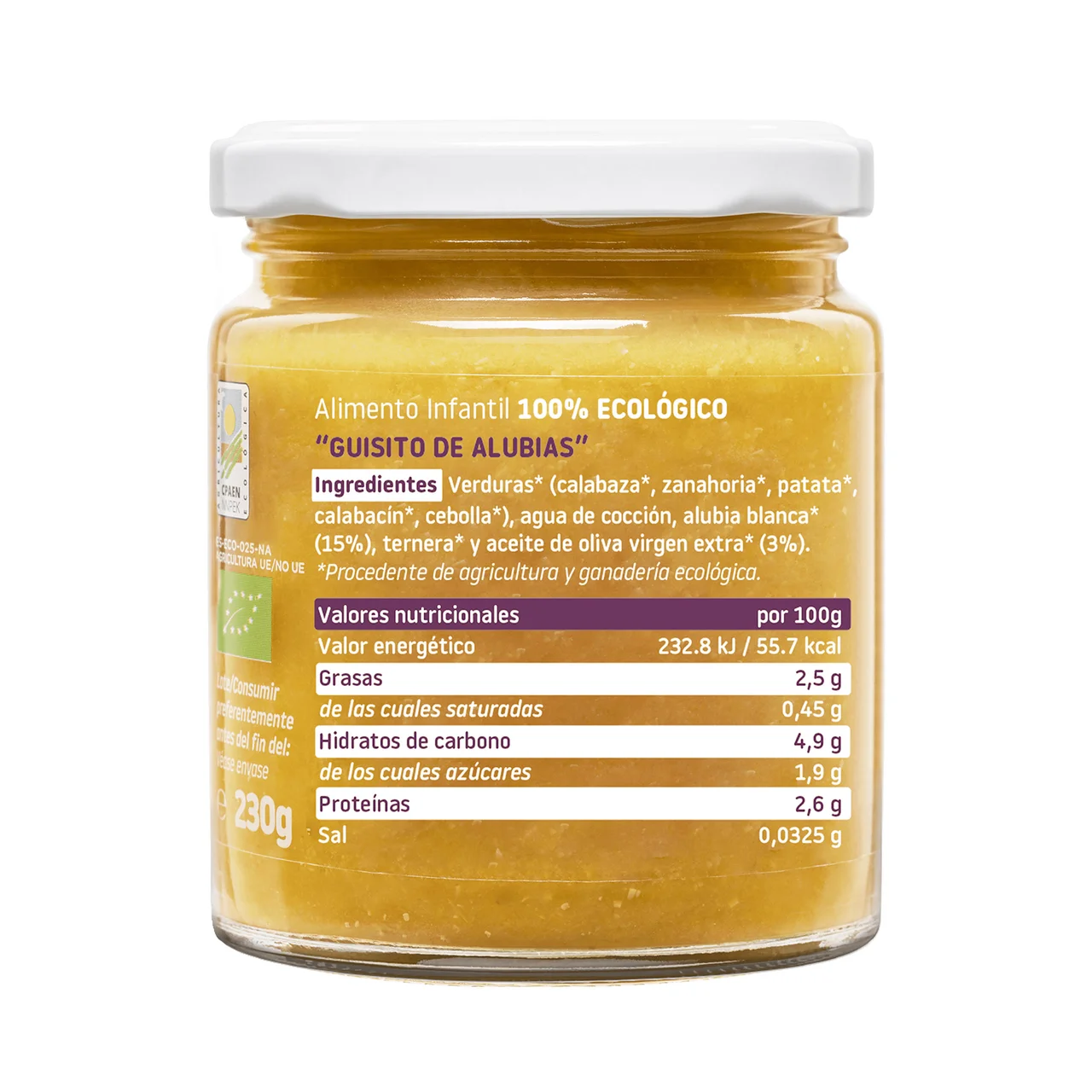 SMILEAT Tarrito de guisito de alubias, ecológico para bebés a partir de 6 meses 230 g.