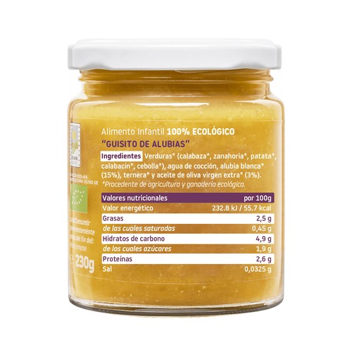 SMILEAT Tarrito de guisito de alubias, ecológico para bebés a partir de 6 meses 230 g.