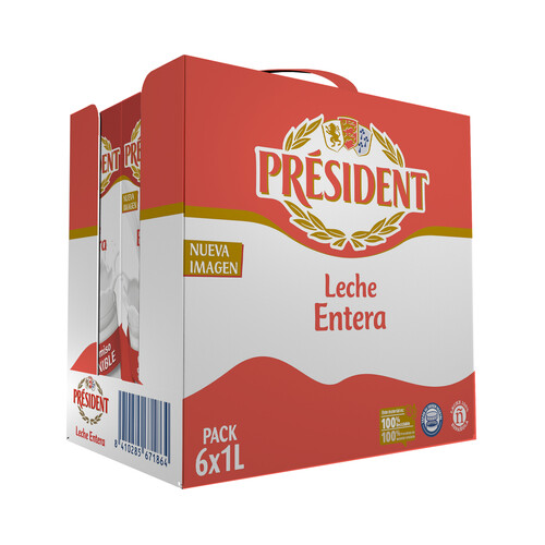 PRÉSIDENT Leche entera de vaca de origen 100% español 6 x 1 l.