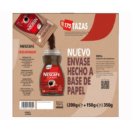 NESCAFÉ Café soluble descafeinado 200 g. +  doypack 150 g.