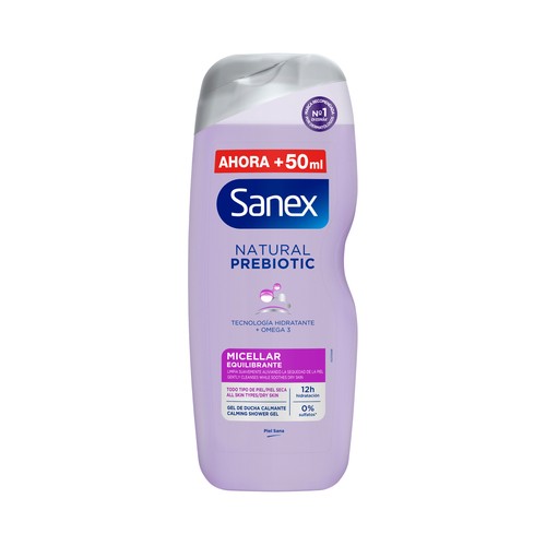 SANEX Natural prebiotic Gel de ducha o baño micelar equilibrante, para todo tipo de piel y piel seca 600 ml.