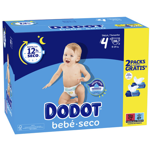 Pañales talla 4, para niños de 9 a 14 kilogramos DODOT Bebé-seco 116 uds.