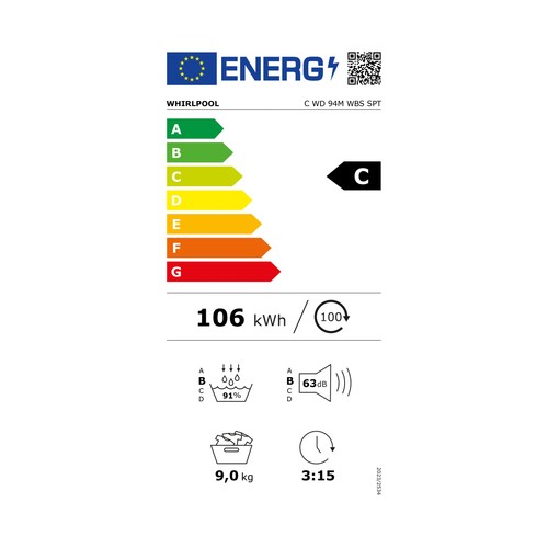 Secadora por condensación con bomba de calor WHIRLPOOL, capacidad de secado: 9KG, clasificación energética: A+++, H: 84,6cm, A: 59,8cm, F: 67,4cm.