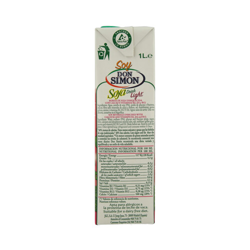 DON SIMÓN Bebida de soja ligera de origen 100% natural, sin lactosa 6 x 1 l.