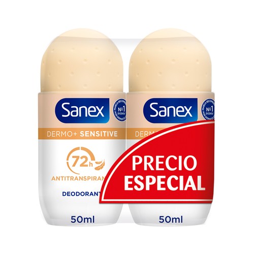 SANEX Dermo+ sensitive Desodorante roll-on para mujer antitranspirante 72 horas, especial pieles sensibles 2 x 50 ml.